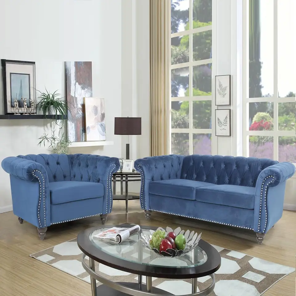 2 kusy obývacej izby Nábytok pohovky Moderné moderné chumáčové gombíky Velvet Accent Club stolička Chesterfield Sofas Set