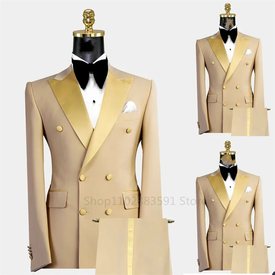 2 kusy pánske obleky s dvojitým dojčeným smokingom Formálne štíhle fit fit klope Party Solid Groom khaki obleky na svadbu （sako+nohavice）