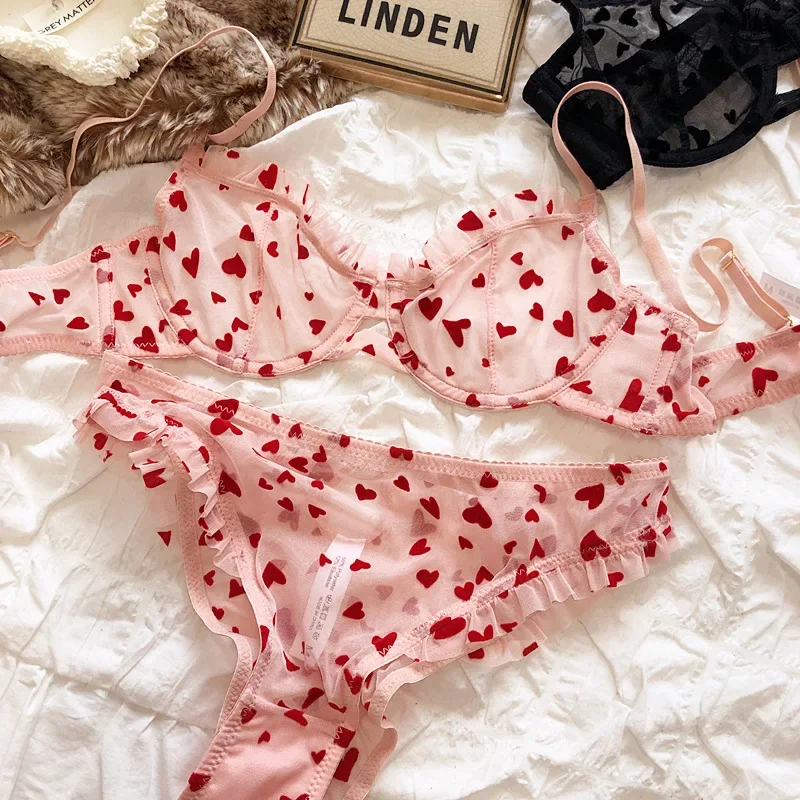 2 kusy spodná bielizeň sada sexy ultra tenká priedušná Brassiere pre ženy push Up Bra set letné sieťové romantické broskyňové srdce intimátuje