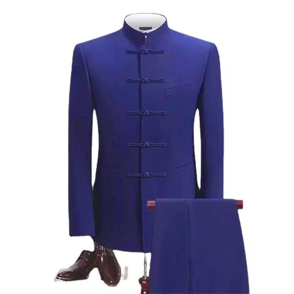 2 kusy stojan na golier Zhongshan Čínske tuniky pánske obleky Slim Fit Single Breast Svadobné obleky (Blazer+nohavice)