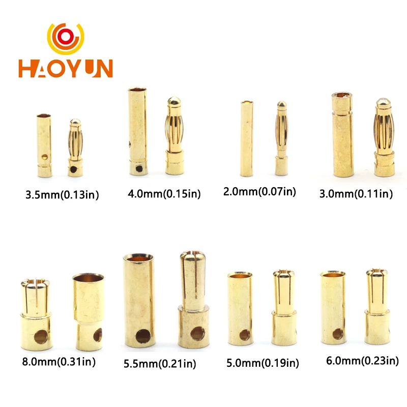 2 mm 3 mm 3,5 mm 4 mm 5 mm 5,5 mm 6 mm 8 mm batéria RC Gold-Platená guľka banánová zástrčka Vysoko kvalitná mužská ženská guľka banánový konektor