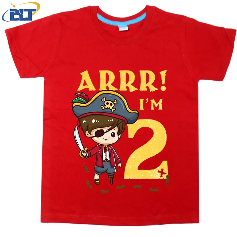 2. narodeniny pirátsky kapitán tlačený detský tričko, letná bavlnená rukáva, príležitostná top, vhodná pre chlapcov a dievčatá