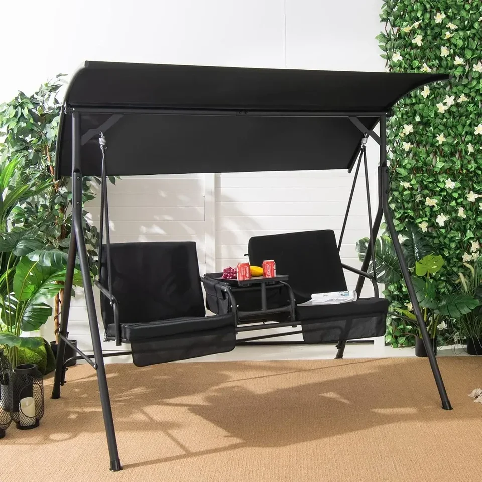 2 osobná veranda Swing, Outdoor Swing s otočným úložným stolom, vrecko na chladič, držiak 2 šálky, odnímateľné vankúše, výkyv na terase s