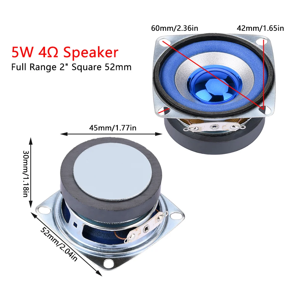 2-palcový 5 W 4OHM modrý plnohodnotný reproduktor 52 mm štvorcový 5 W 4 Ohm Malý reproduktor reproduktora