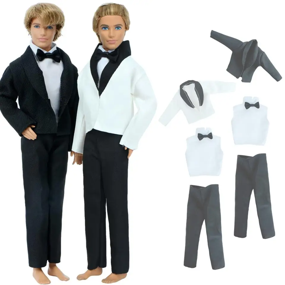 2 Set Formal Business Suit Black Pants + Biela košeľa s lukom + Coat Men Svadobné oblečenie pre hračky Ken Doll Accessories Hračky