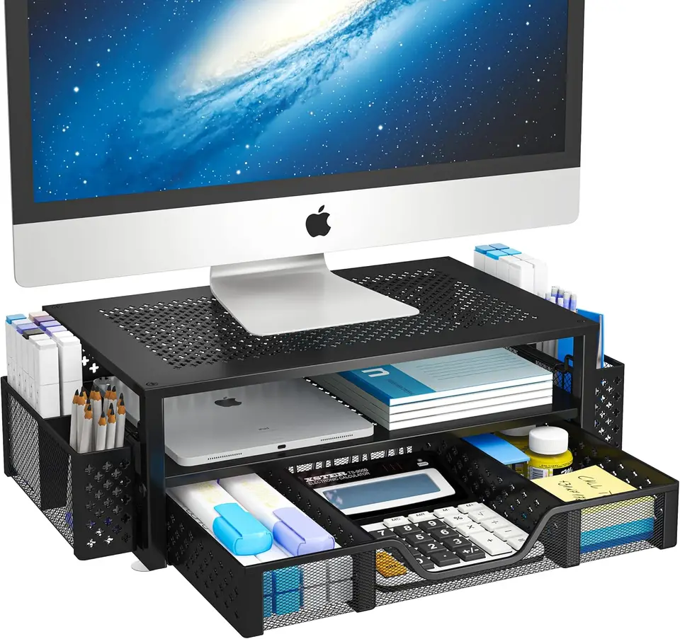 2 stúpač Monitor Monitor kovového monitora a organizátor počítačového stola so zásuvkou a držiakom pera pre notebook, počítač, iMac,