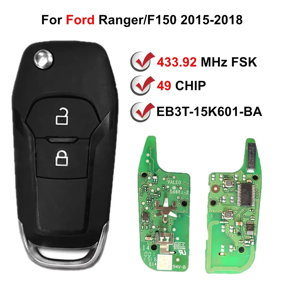 2 tlačidlá EB3T-15K601-BA 433MHz ID49 Flip Dzdávkové auto pre Ford Ranger/F150 2015-2018