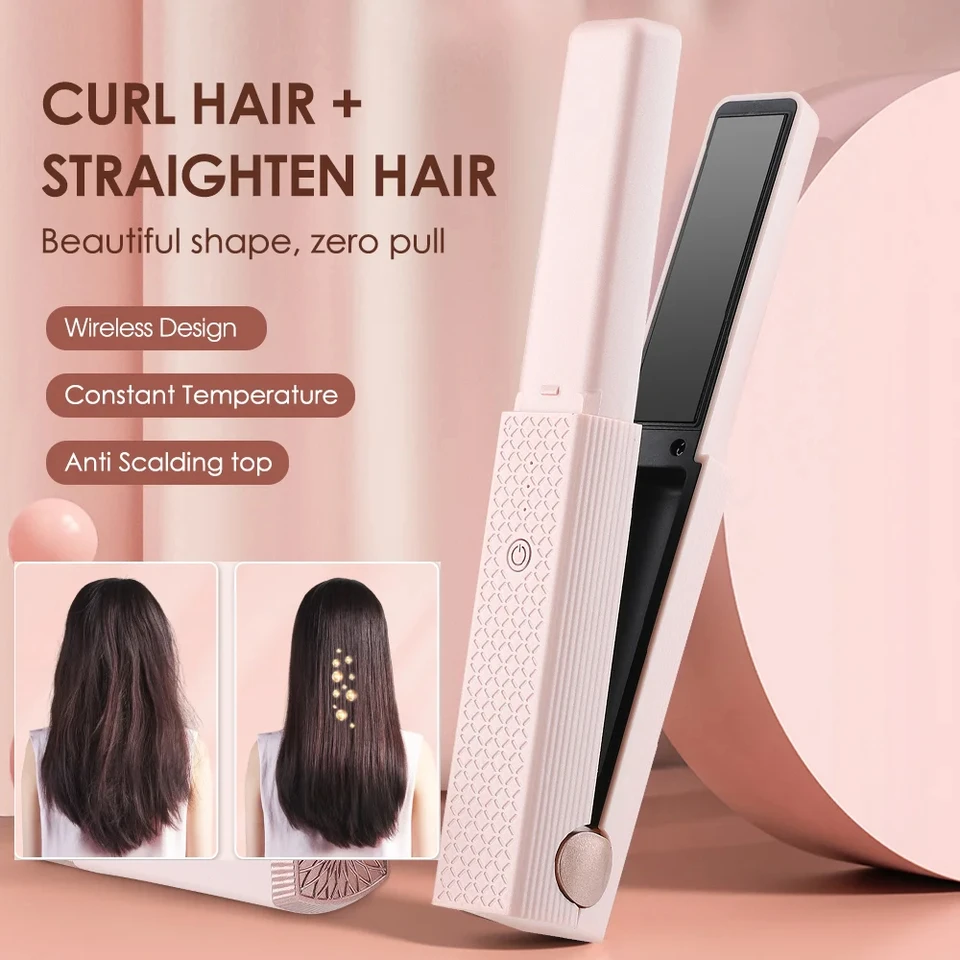 2-v-1 bezdrôtový USB Mini Hair Curler Prenosný rovníky Tourmaline železo Kurlovanie Curling Rovné dvojpouškové pre ženy