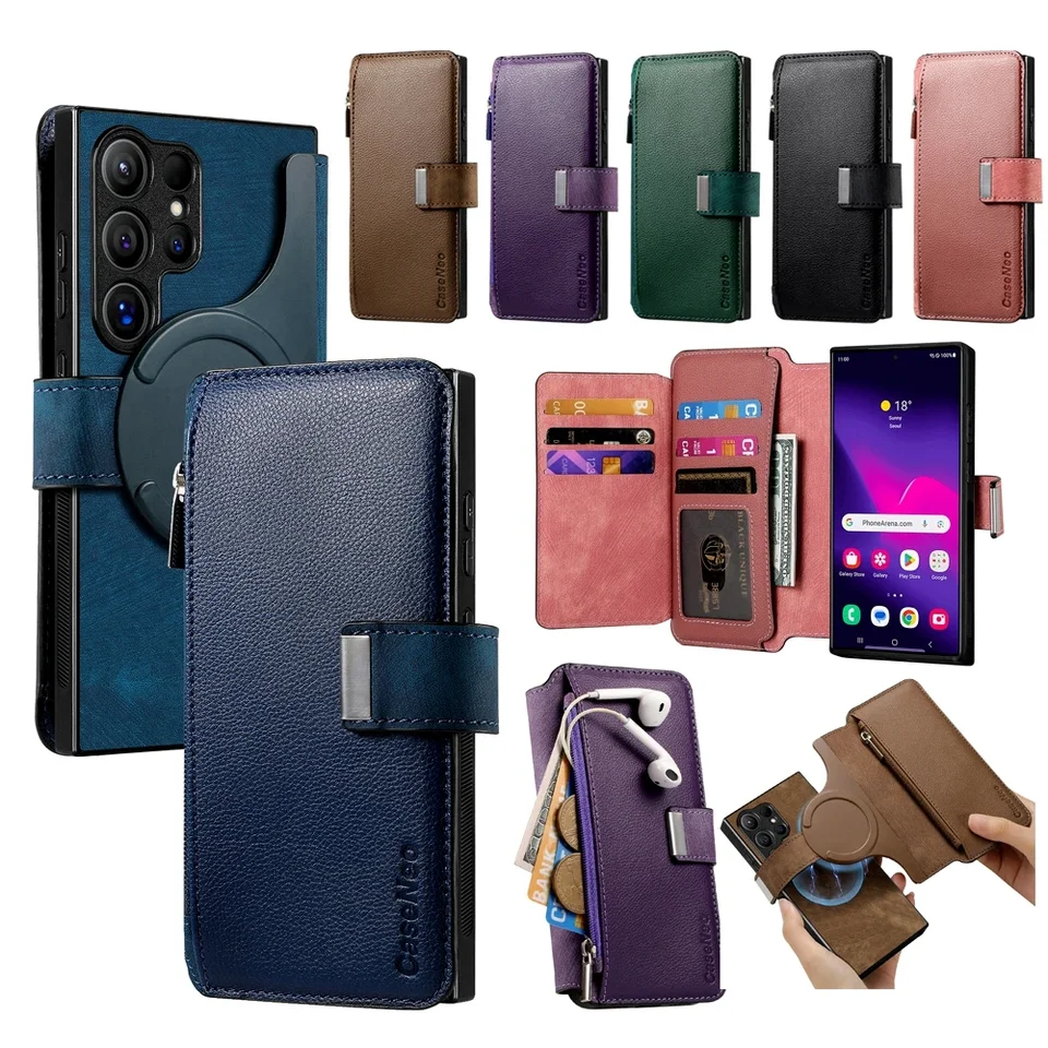 2 v 1 Magnetickú koženú peňaženku stojan na stojan na stojan pre samsung galaxy A15 A35 A55 S24 Ultra S23 Plus S21 S22 karty sloty sloty