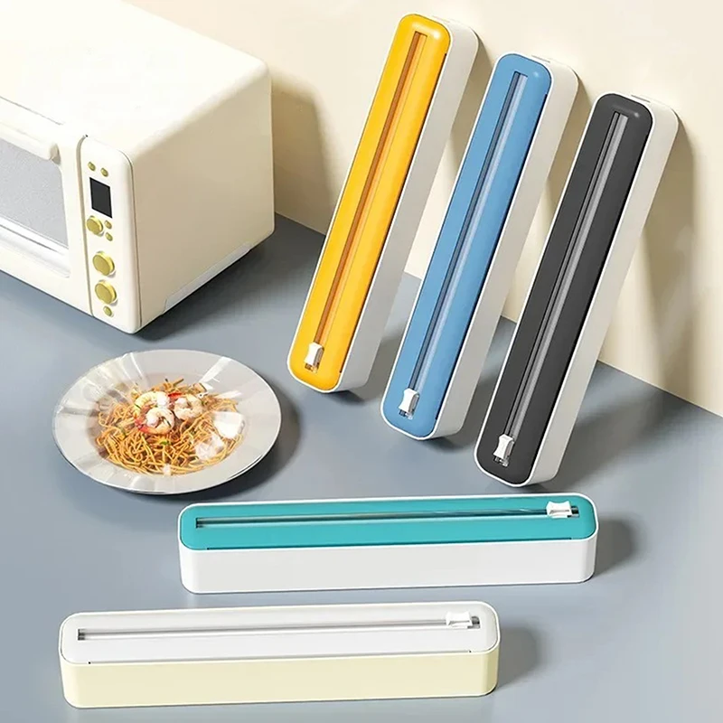 2 v 1 plastový obal Dispenser Food Cling Film Cutter Wrap Storage Box Hliníková fólia Stretch Film Cutter kuchynské doplnky