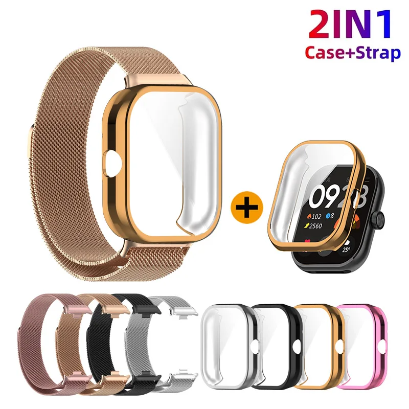 2 v 1 puzdro+popruh nerezová oceľ Magnetic Loop Metal Band pre Redmi Watch 4