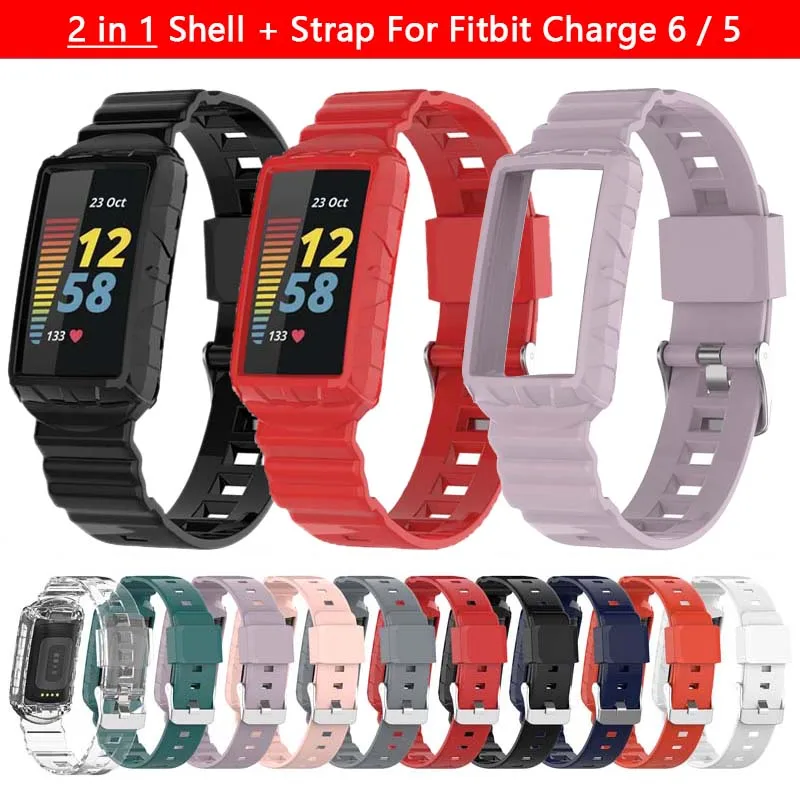 2 v 1 Silikone Watch Shell + popruh pre Fitbit Charge 6 5 4 3 Smartwatch Plain náramok s úplným krytom Shock odolný voči mäkkému puzdru TPU