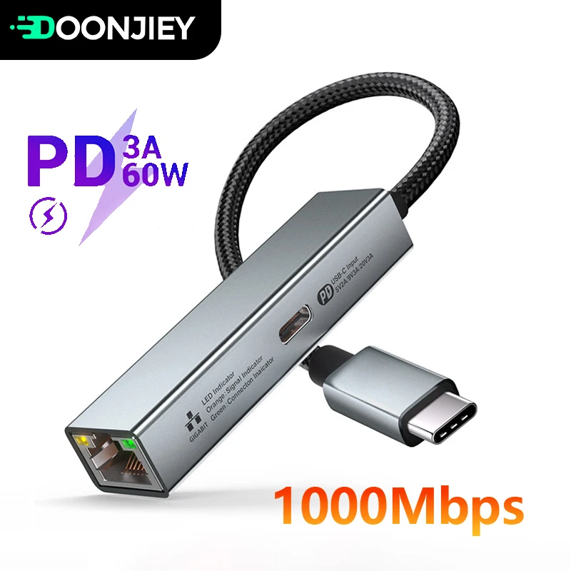 2 v 1 USB Typ C až RJ45 USB-C prevodník HUB PD 60W Rýchle nabíjanie TYP-C Sieťová karta LAN GIGABIT Adapter Cable pre PC Notebook
