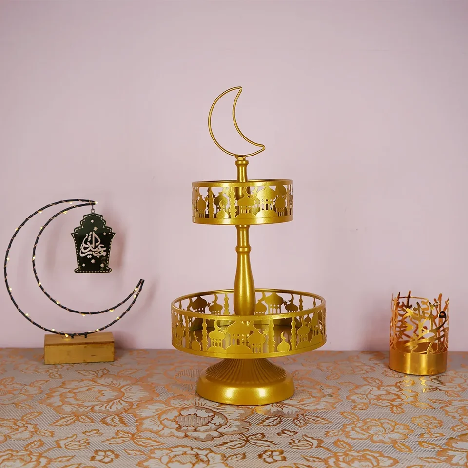 2 vrstvy európskych cukrovinkových stojanov dezert stojan na stánok Ramadan Eid Decorácie kované železné podnos pre dekorácie Eid Mubarak
