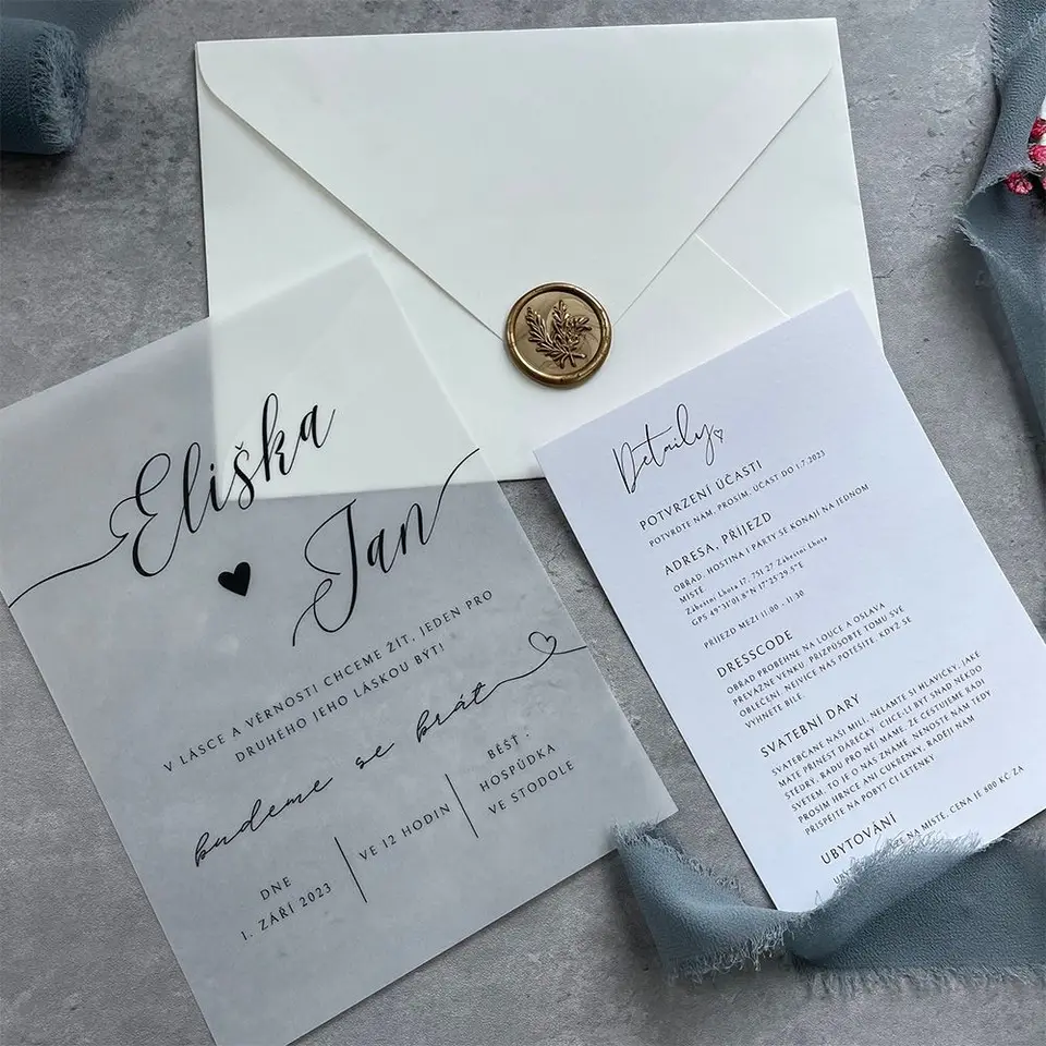 20-100ks vlastné svadobné oznámenia Vellum s matnými bielymi detailmi Card Party pozýva festival Universal