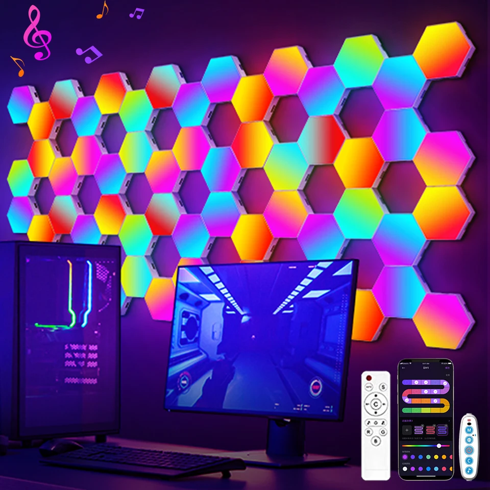 20/12/8/3 Pack Hexagon Lights Wall RGB Panel Smart App Smart App Hexagonal Modulárne herné svetlá Nočná hudba synchronizácia Honeycomb Light Spálňa