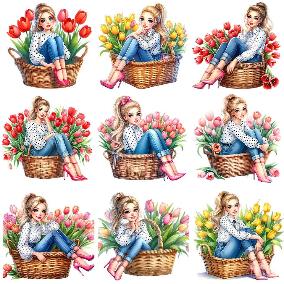 20 cm karikatúra Tulip Flower Bouquet Girl Iron na nálepke na prenos tepla pre oblečenie pintované vinyl termálne umývateľné tričko s tričkami