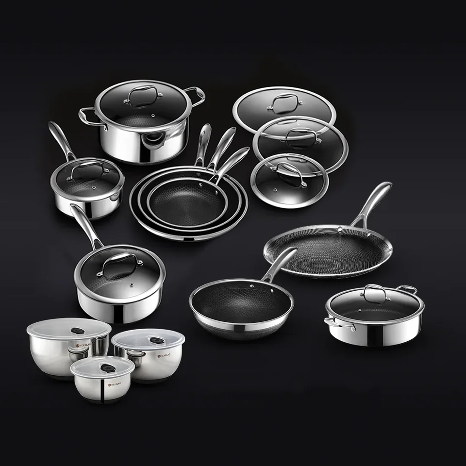 20 ks Hexclad Hybrid Set W/ viečka z nehrdzavejúcej ocele Wok WOK KUCHYNDE 3-HRLY NEHORDLESSELE HOUNTUMB