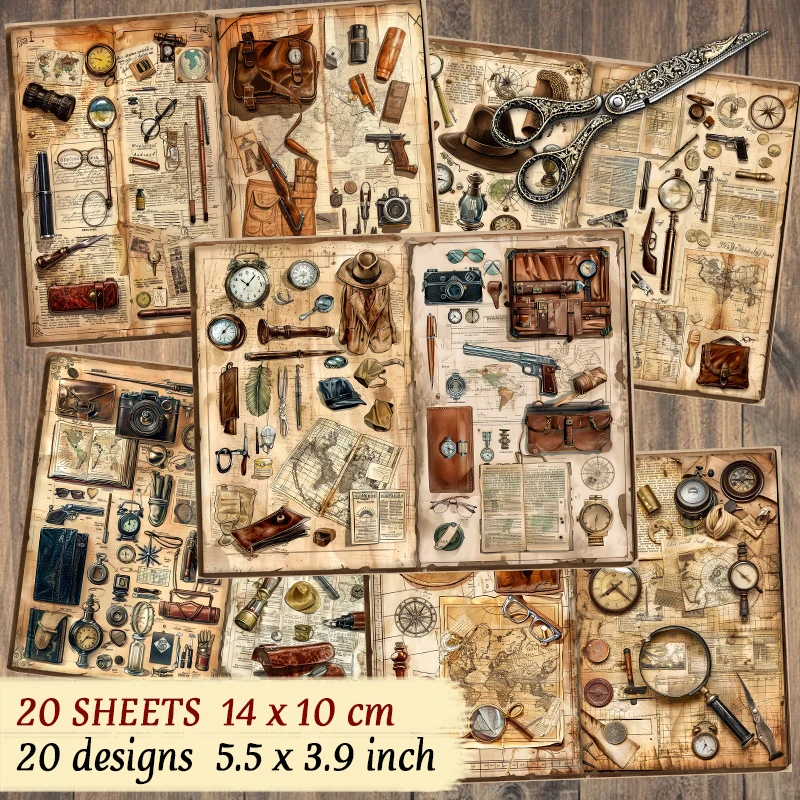 20 listov vintage odev, strelné zbrane, okuliare, rôzne náradie, bohaté vzory, materiálový papier pre domácich majstrov