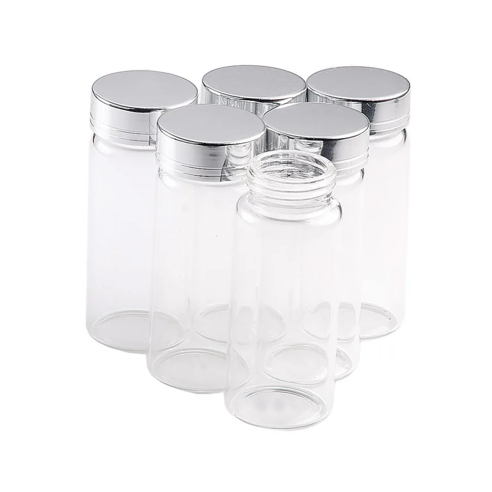 20 ml 50 ml 65 ml 90 ml sklenených úložných fliaš so strieborným skrutkovým krytom prázdne sladkosti Vanilla Pill Food Parfum 6ks