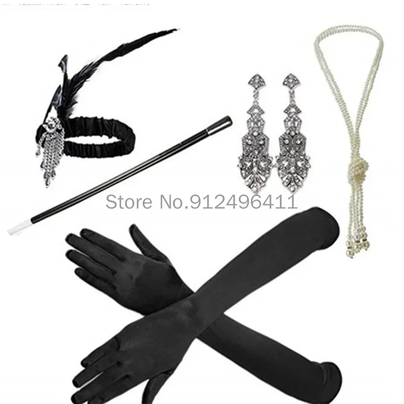 20. storočia Party Charleston Flapper Girl Feather Headband Perla náhrdelník Náušnice Cigareta Držiak rukavice Great Gatsby Accessories