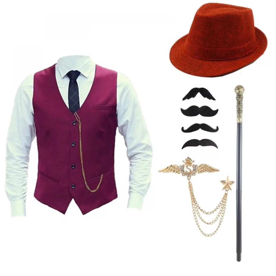 20. storočia pánske kostýmy Roaring 20s Cosplay kostýmy pre mužov Gatsby Gangster Outfision Accessories s vestou hodinkovou kravatou Hat Armband