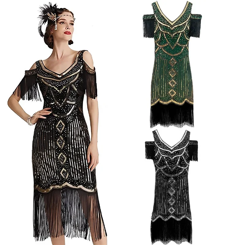 20. storočia retro ženy Flitry Triangle Hem midi šaty bez ramienok Tassel Gatsby Elegantné večerné kostýmy Halloween Cosplay