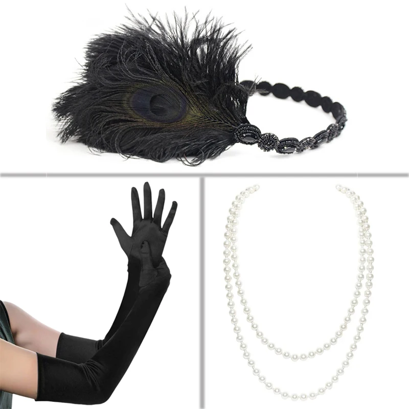 20. storočia Ženy Great Gatsby Accessories Feather Headband korálkové rukavice rukavice klapkový kostým 20s