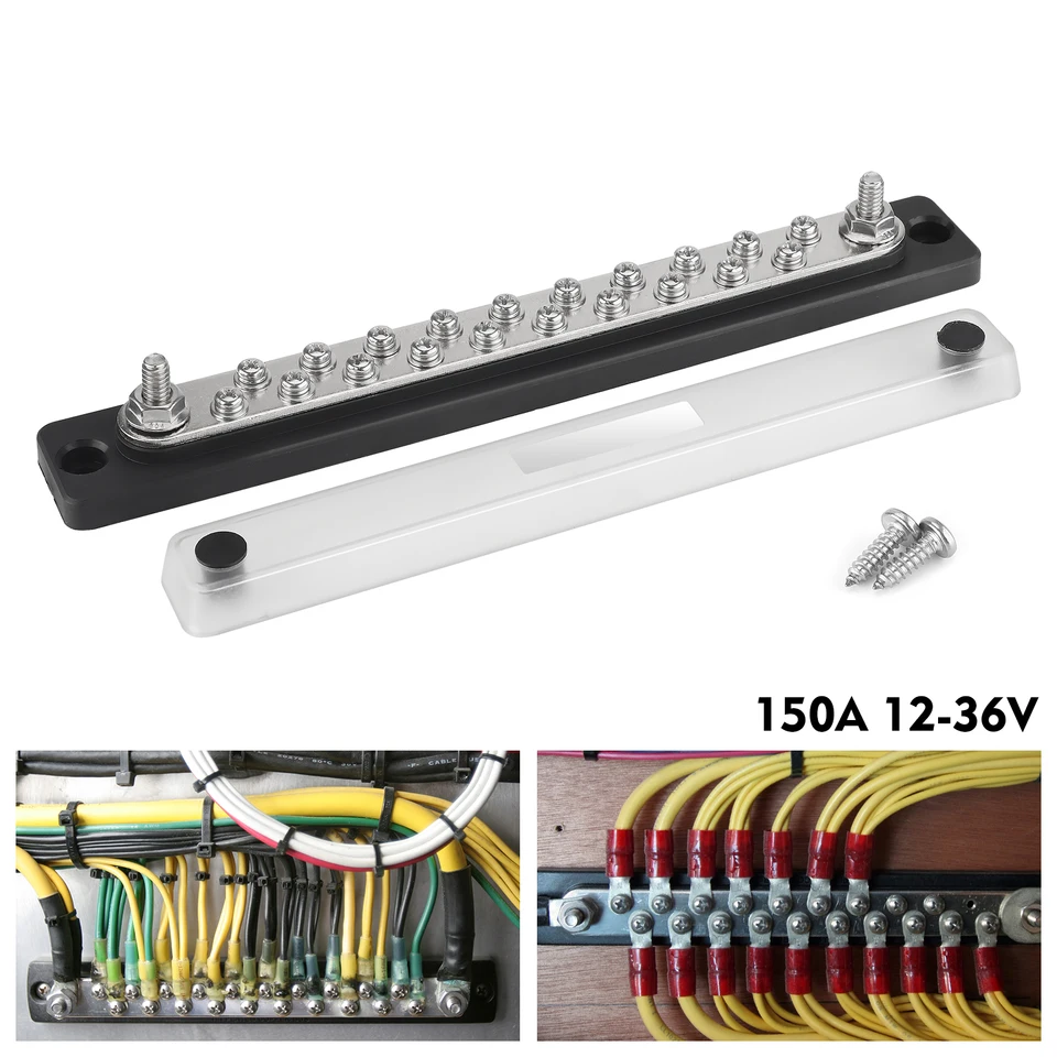 20 -Way Distribution Block Distribution Block Hodnotenie 150A 36V DC Terminál Copper Bus Bar pre auto RV Marine Solar Truck Black