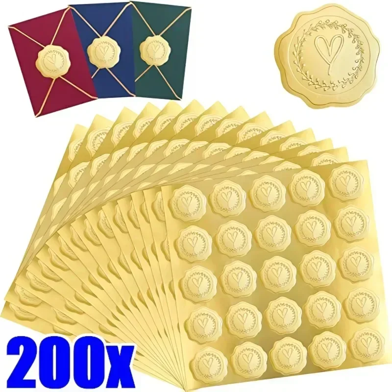 200/25ks Gold Envelope Sticker Embosed Heart Seal Vosk Vyhľadávanie štítkov Svadobná hostina pozvánka Vianočný darček Dekorácie