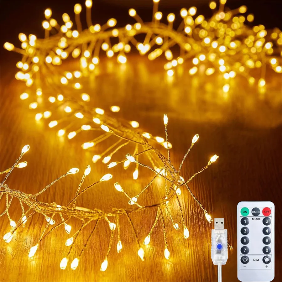 200/400 LED USB Firecracker Fairy Light Outdoor Firecracker Cluster Twinkle String Light so vzdialeným pre dekoráciu večierkov veniec