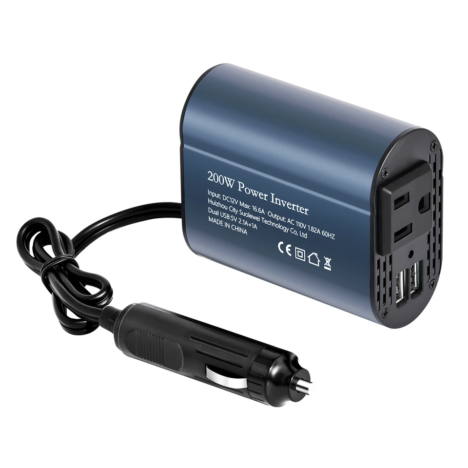 200 W DC 12V až AC 110V Prenosný automobilový nabíjač nabíjačky Adaptér Adaptér automatické príslušenstvo s dvojitým portom USBS