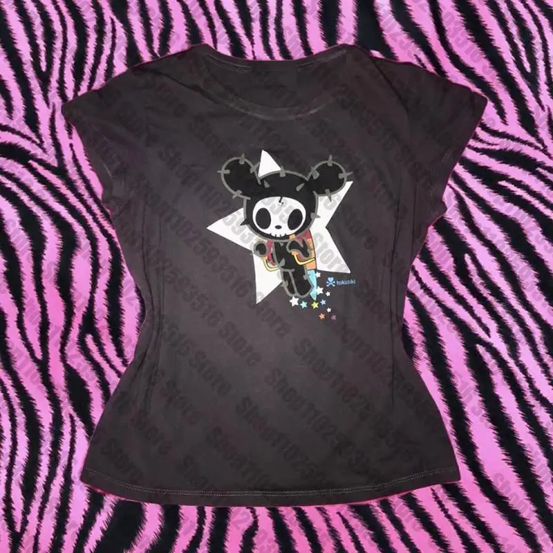 2000. roky gotické vtipné anime tlačené tričko Estetické y2k e-dievča plodiny vrcholy s krátkym rukávom Tees harajuku streetwear women čierne oblečenie