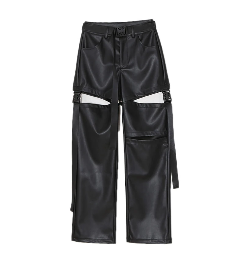 2000. roky KPOP Patchwork Vyplňte pevné nohavice s vysokým pásom nohavice elegantné módne harajuku rovné nohavice kožené voľné pantalony