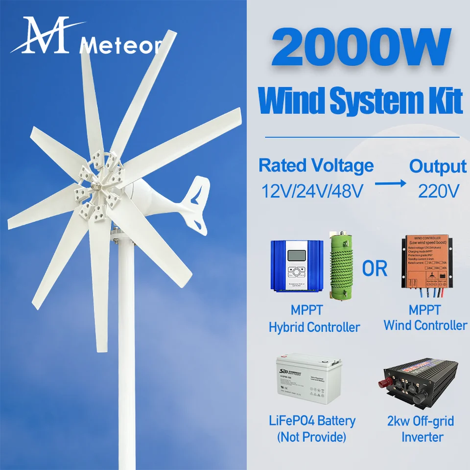 2000W generátor veternej turbíny Generátor mimo mriežkového systému 12V 24V 48V Výstup 220V 230V 240V Systém pre domácu kompletnú súpravu MPPT nabíjačka MPPT