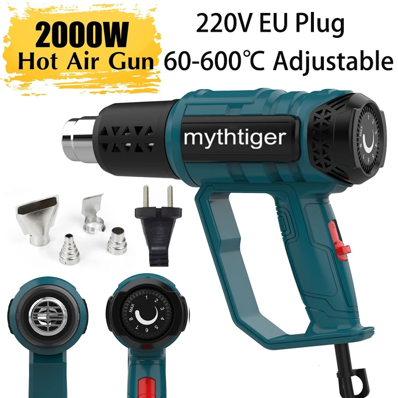 2000W spájkavá tepelná pištoľ 220V EÚ Industrial Electric Hot Air pištoľ 60-600 stupňov Zmršťovací náradie