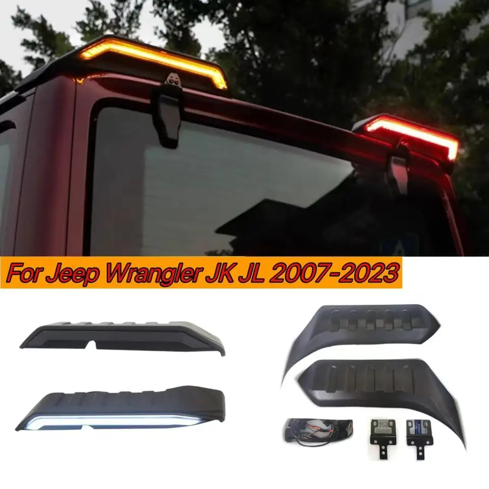 2007-2023 pre Jeep Wrangler JK JL Car Auta Zadná strecha Svetlo Spoiler chvost Straná strana Splitter Top Wing Lip Eu & USA Standard 4 Color Led Light Light Light