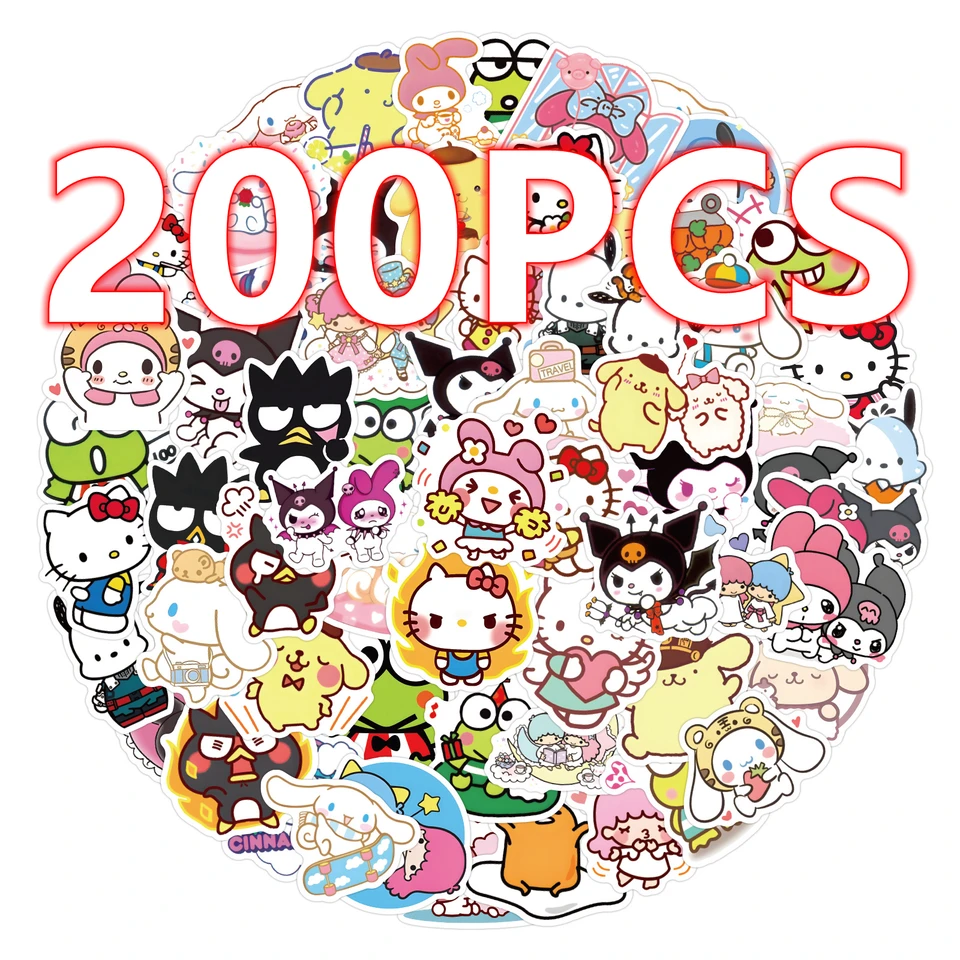 200ks nálepky Sanrio Cute Cinnamoroll Kuromi My Melody Sticker pre puzdro na notebook Pase Dievčatá anime nálepky pre deti hračky DIY