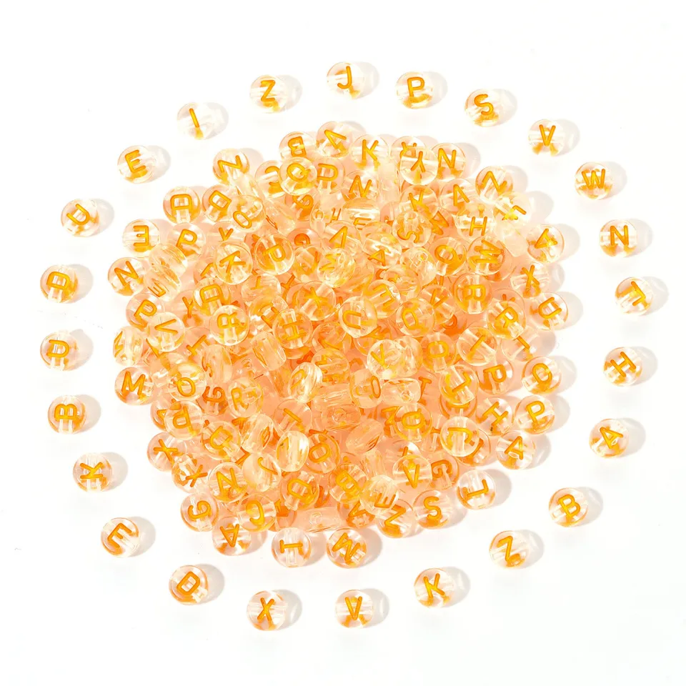 200ks priehľadné číre akrylové guľôčky horizontálne diery ploché kolo s náhodným písmenom oranžovým otvorom 7x4mm: 1,6 mm 200ks/set