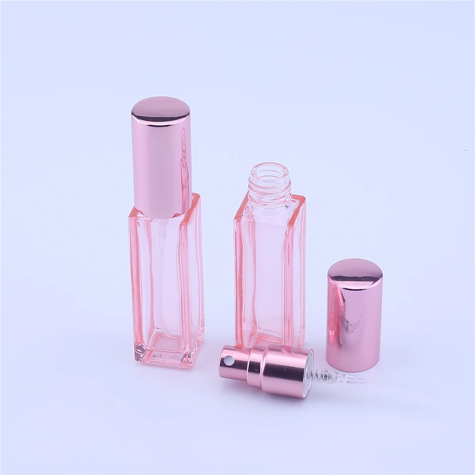 200ks/šarža 5 ml 10 ml štvorcový ružový priehľadný sklenený sprej prenosný prenosný parfumový atomizér Mini vzorová skúmavka tenké sklenené fľaštičky