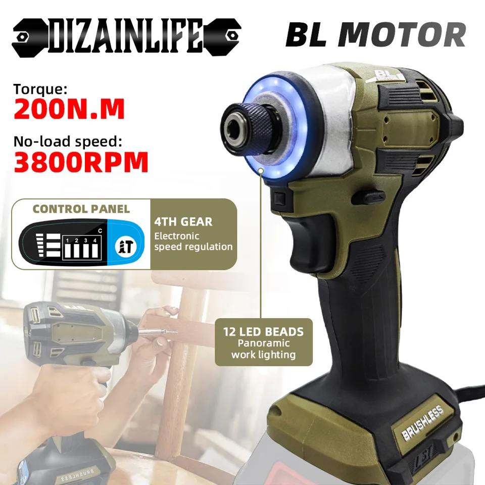 200n.m Brushless Electric Impact Wrench 4 Gear Speed ​​Screprer Screwdriver bezdrôtový kľúčový nástroj s 12 LED svetlom pre batériu Makita