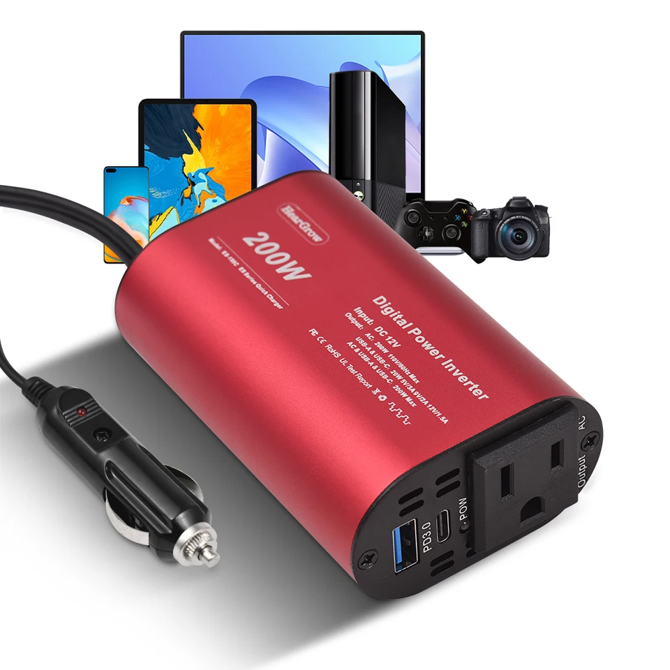 200W napájací invertor 12V až 110 V AC AC ACOP Adapter Telefón NAPOJETNÉ CIGRAETTE SVETLOSTER SVETOVÝ PREVÁDZKU S nabíjačkou automobilov USB TYPY-C