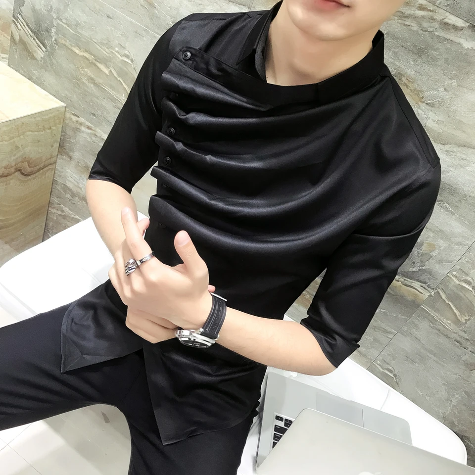 2018 letná gotická košeľa Rufle Designer Collar Tirlar Black and White Korean Men Fashion Clothing Prom Party Club dokonca košele