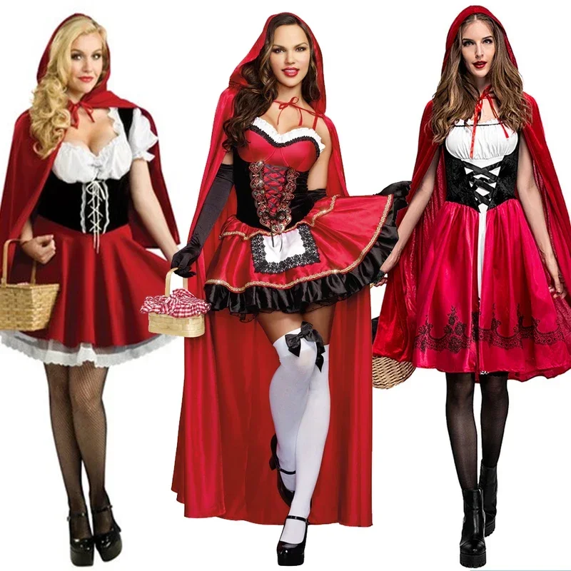 2018 Little Red Riding Hood Outfit Costume Dospelé ženy Halloween Cosplay luxusné šaty sliepky Cape Set Mn4
