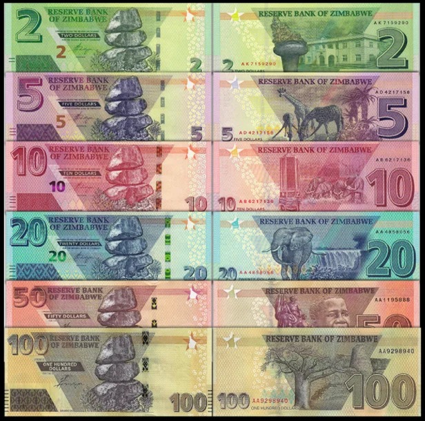 2019-2020 Zimbabwe 2-100 Dollar Originálne poznámky UNC (Fuera de Uso Ahora Collectibles)