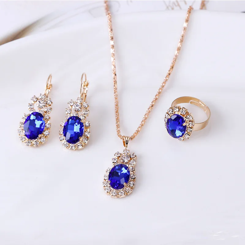 2019 Fashion Horúca eliptická klenota Claw Chaw Set Crystal náhrdelník Prsteň Prsteň trojdielna súprava