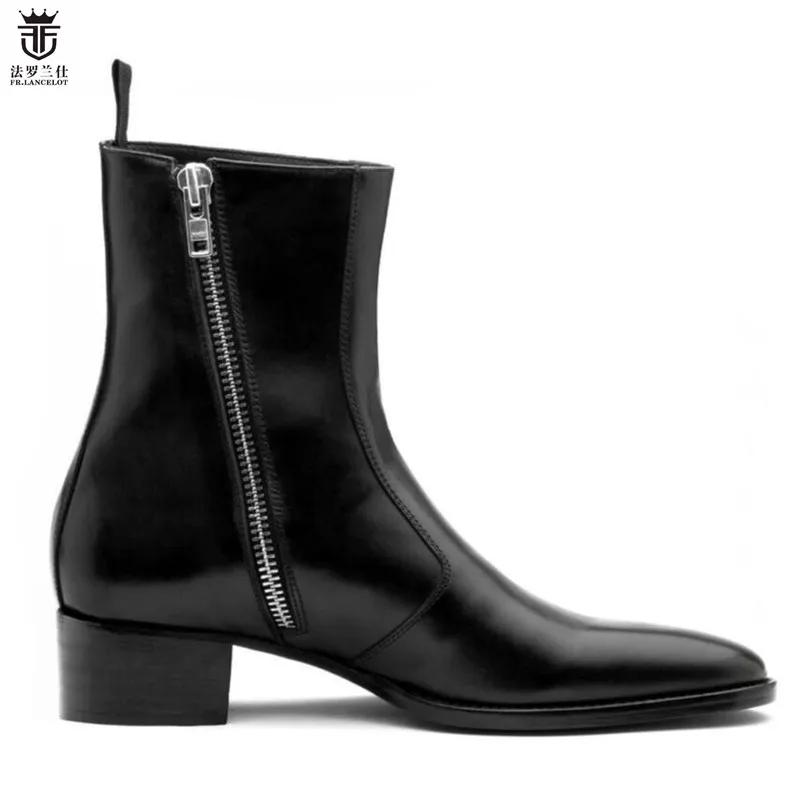 2019 FR.LANCELOT LUXURY ZNAČKA Čierna skutočná koža Módna módna špicatá prsty britské topánky Side Zipper Mujer Bota Flitry Shoes Mens