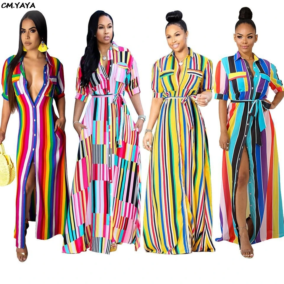 2019 Nové dámske gombíky UP Stripes Half Ruckve so sashes maxi blúzky košele šaty Bohemian dlhé šaty 4 farebné vesty