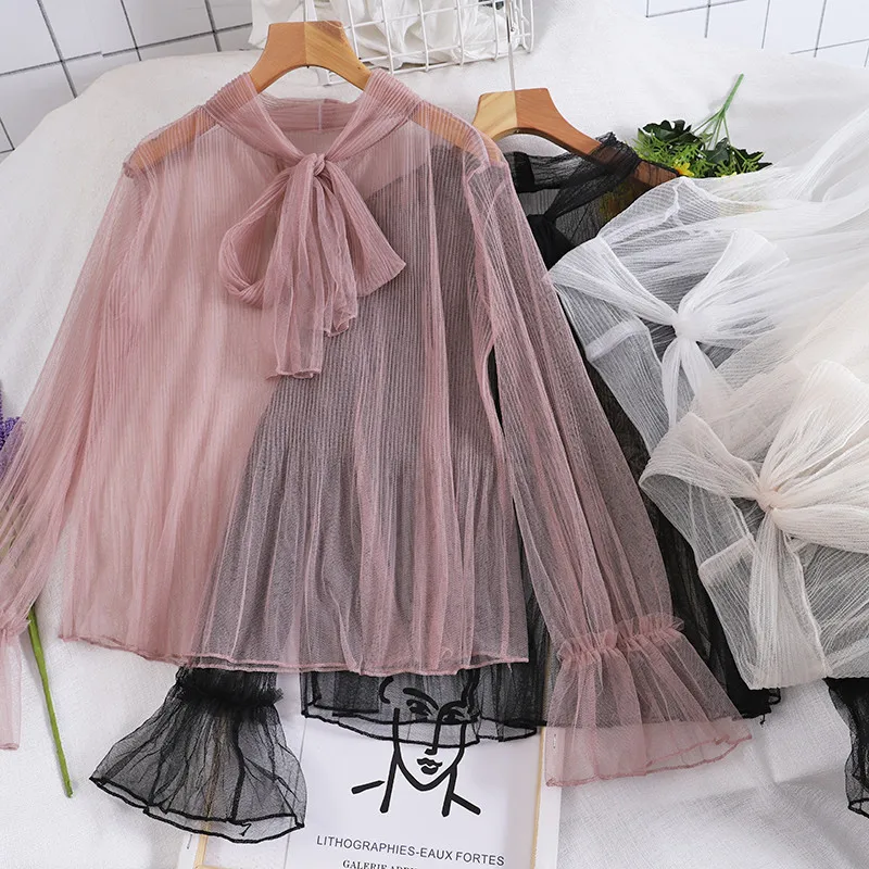 2020 Spring Autumn Dámska mriežka blúzka Sladké tenké kravaty Lak Lace Lace Lace Lace Lace Lace Lace Lace Dlhá rukáv Blouses Tops Tops AB1934
