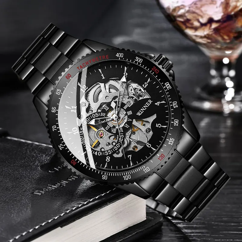 2020 Top Brand Luxury Winner hodinky čierna z nehrdzavejúcej ocele Pánske kostrové hodinky Priehľadné mechanické mužské automatické hodinky zápästia
